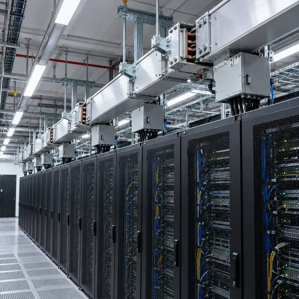 Overhead DC busway runs with tap-off boxes above a row of high density server racks in a data center aisle