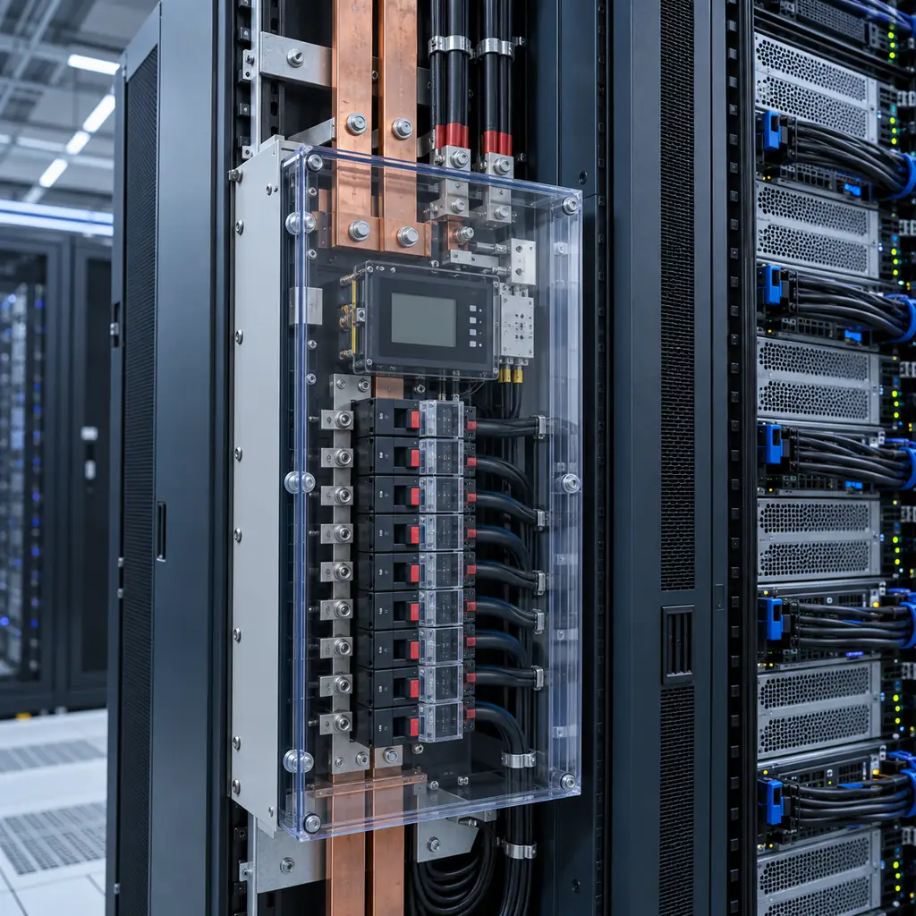 A DC power distribution unit mounted at the side of a high density AI server rack, with DC branch breakers and metering visible