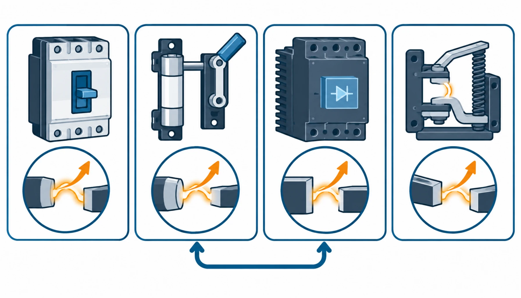 Flat infographic of four direct current protection options for an 800V data center power system