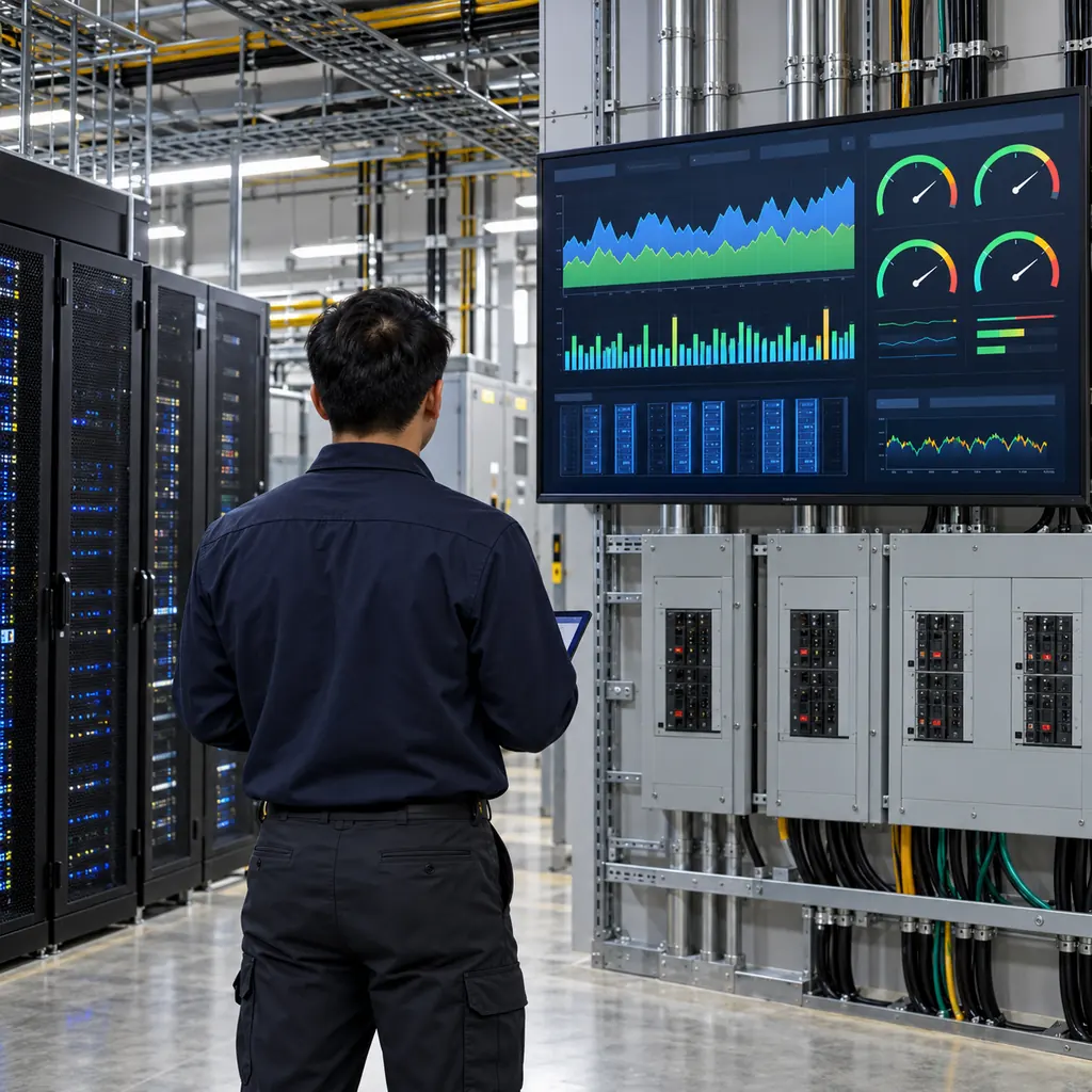 A data center operations engineer reviewing a power monitoring dashboard on a wall display showing rack load and branch circuit readings, cable trays and distribution boards visible behind