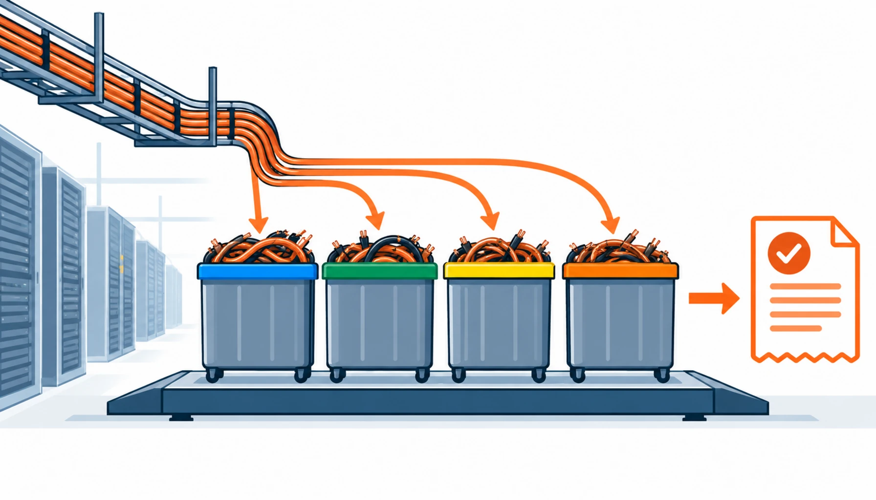 Flat infographic comparing five cable decommissioning and copper recovery contract forms for data center retrofits: contractor removes and retains, contractor removes with owner retaining, split by material grade, owner removes with own labour and recovery only