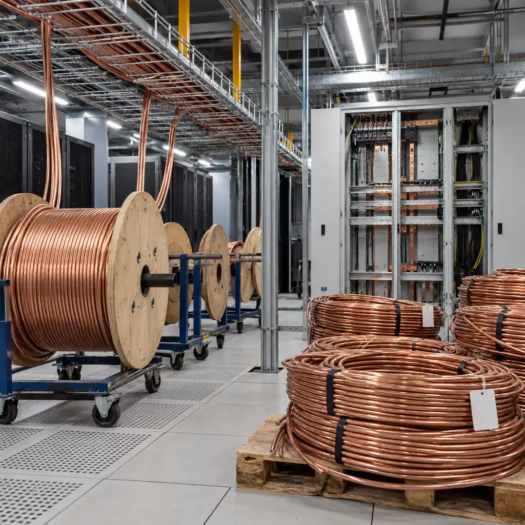A data center retrofit in progress with cable reels being removed from a tray, coiled copper cable stacked in a removal area and a partially stripped switchboard in the background
