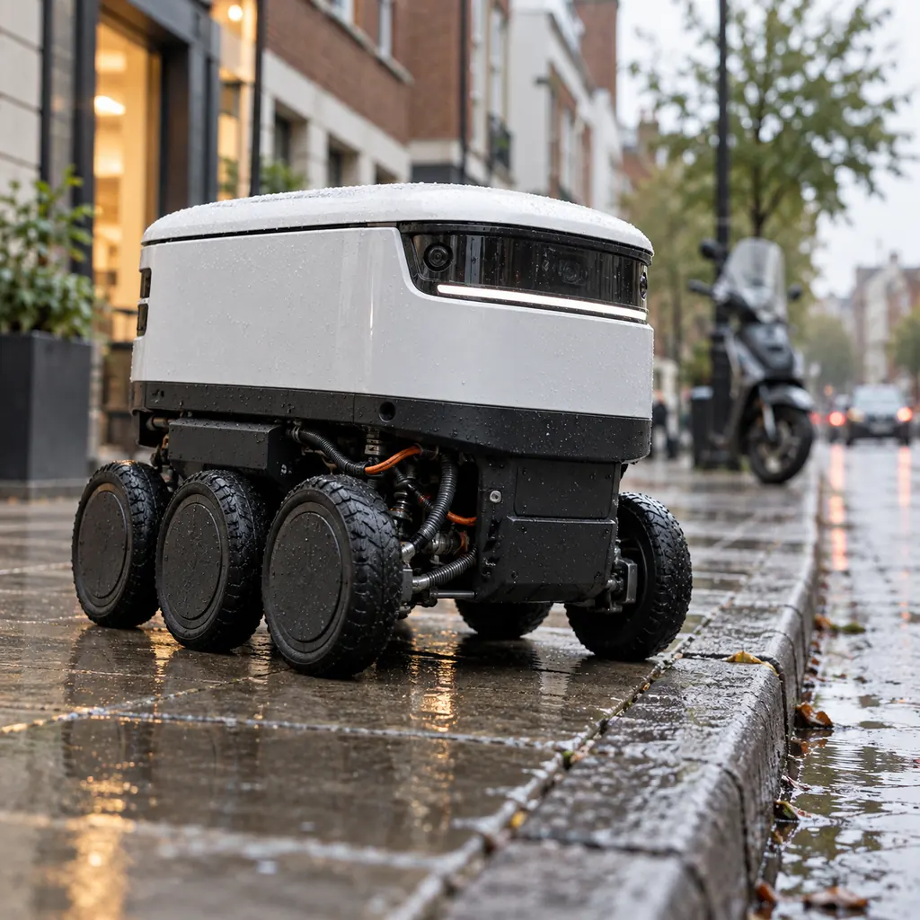 Photorealistic scene: a six-wheeled sidewalk delivery robot parked at a kerb, its cable harness visible along the chassis and into the wheel bay, rain-wet paving, low-rise city buildings and a scooter blurred in the background, overcast daylight, no readable text, no labels