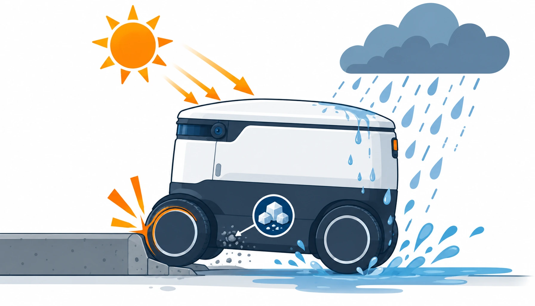 Flat infographic of the four outdoor exposures acting on a sidewalk delivery robot: ultraviolet rays from a sun, rain and standing water, a kerb strike at the front wheel and road salt carried on the chassis