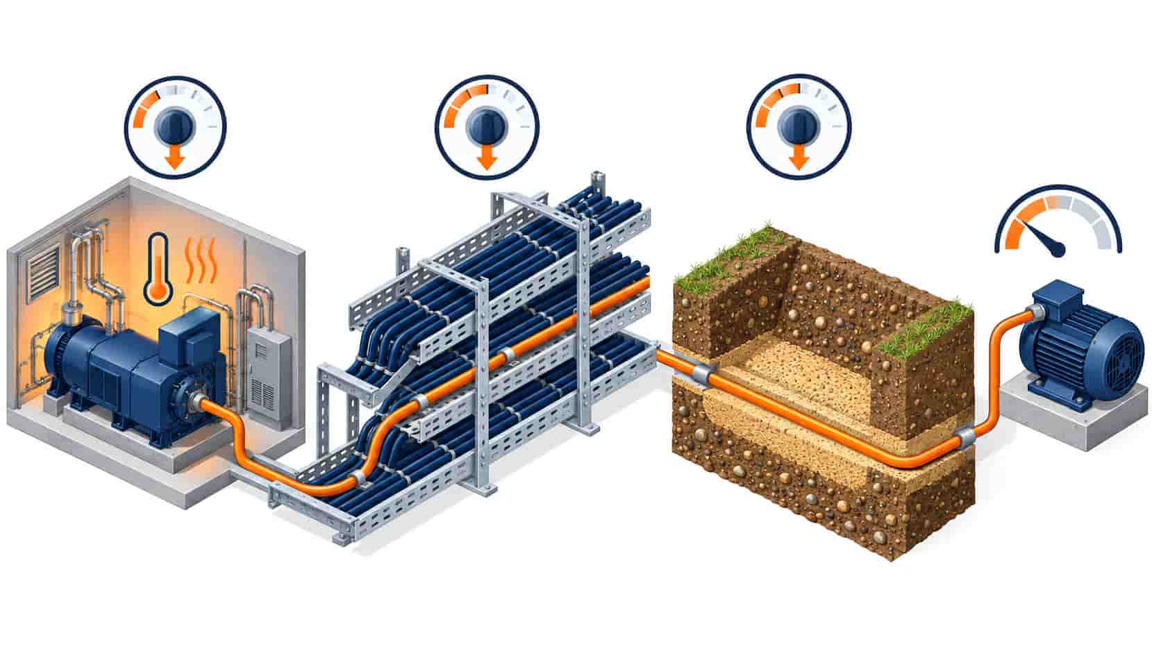 Isometric illustration of a cable route passing through hot room dense tray and dry soil sections each applying a derating multiplier