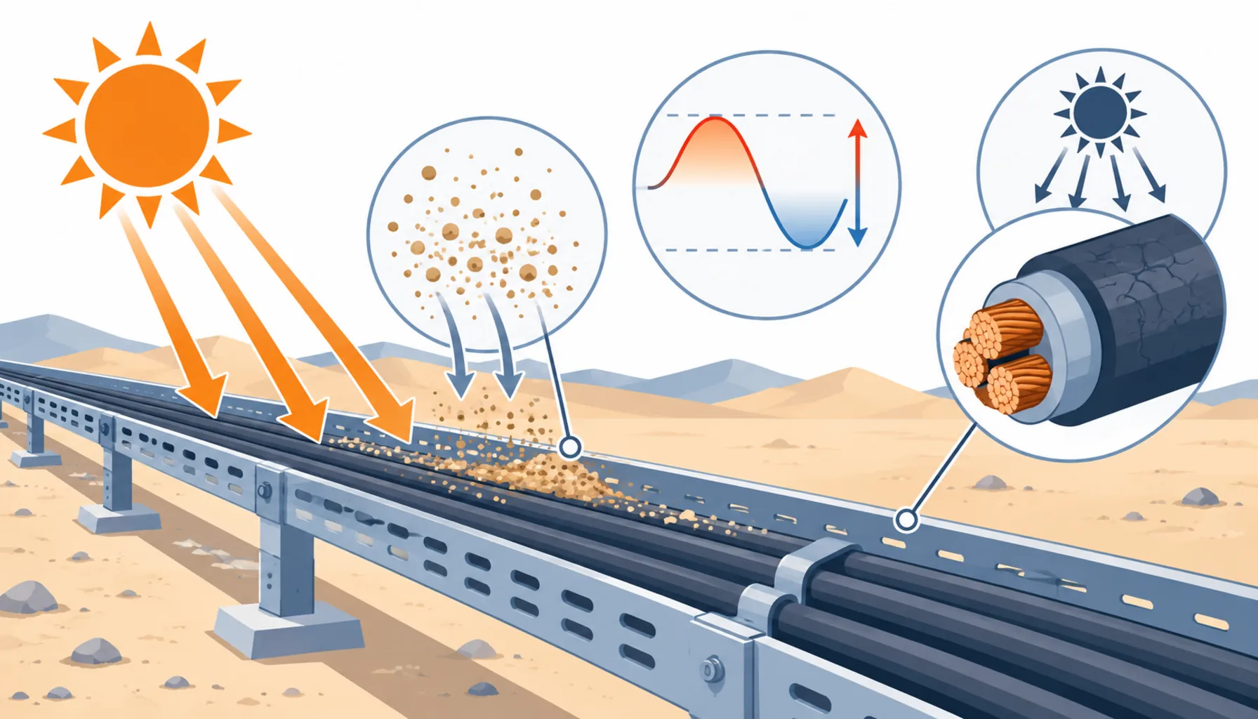 Flat infographic comparing four outdoor cable and busway route options for a desert data center: a shaded ventilated tray, buried duct, outdoor busway and indoor only distribution