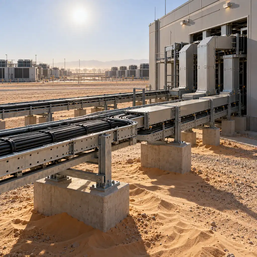 An outdoor cable tray route at a desert data center site with steel trays on concrete plinths, sand drifts at the base, busway runs entering a switchgear building, heat haze on the horizon, harsh sunlight, no readable text, no labels