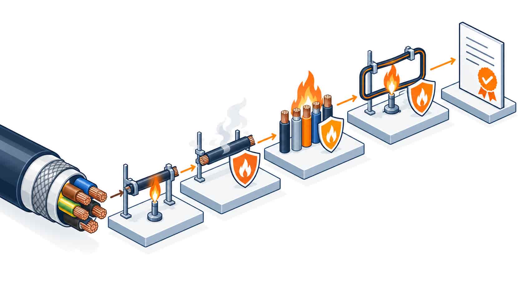 Isometric illustration of the fire-behavior prefix chain with ZR, WDZ, WDZB and NH stages laddering into test evidence