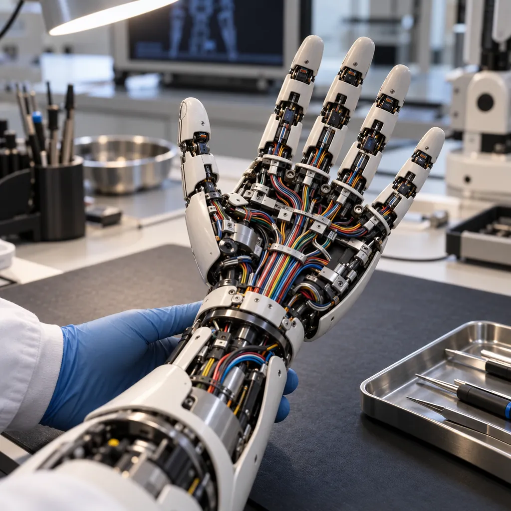 Photorealistic scene: a humanoid robot hand held open on a workbench, the palm exposed to show a dense miniature cable harness with fine bundles running toward the fingers, a technician's gloved hand steadying the wrist, soft laboratory light, no readable text, no labels