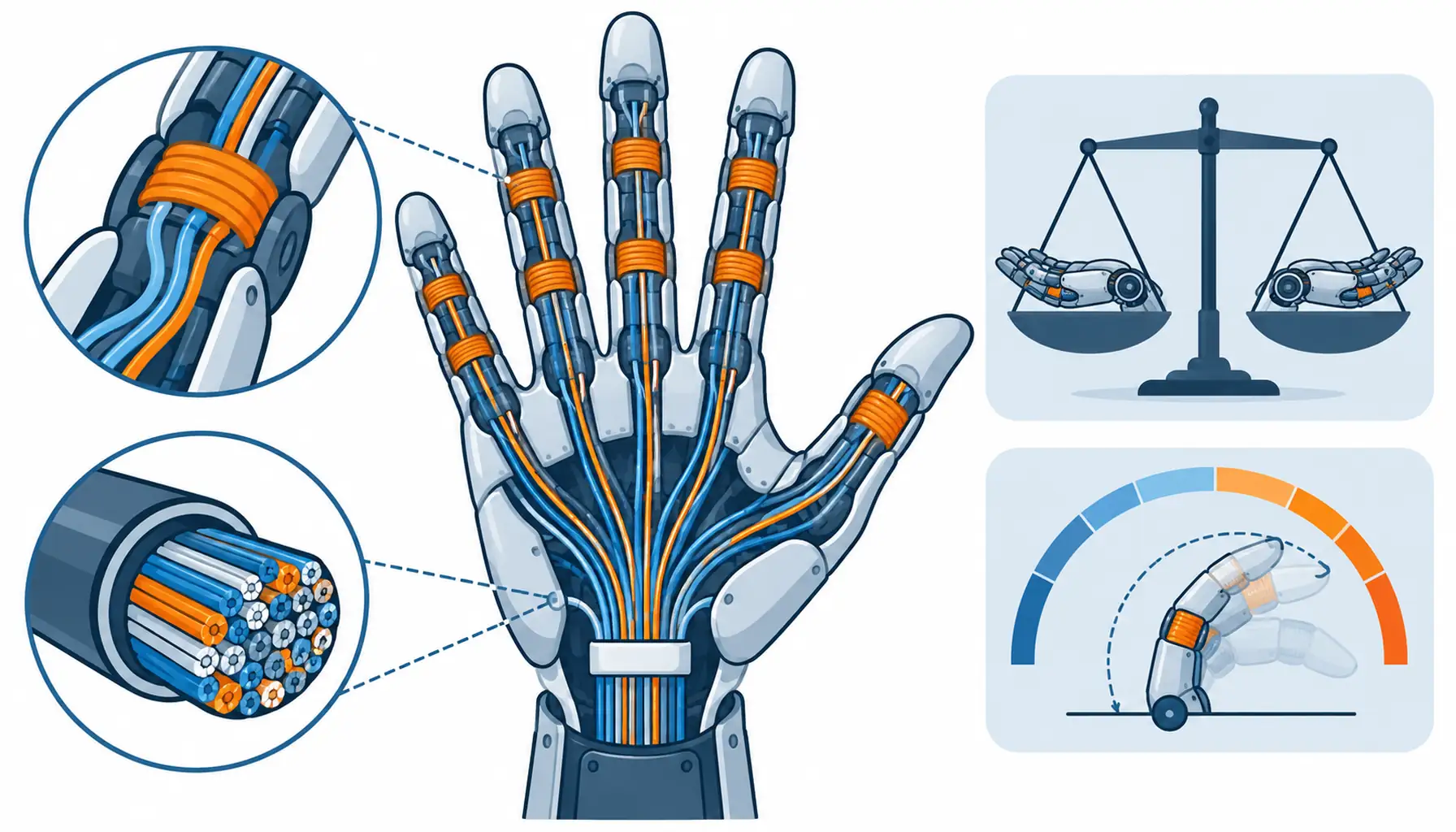 Flat infographic of an open humanoid robot palm showing dense miniature cable routing toward each finger, separate micro bundles drawn in blue and slate, palm and fingertip bend zones marked in orange