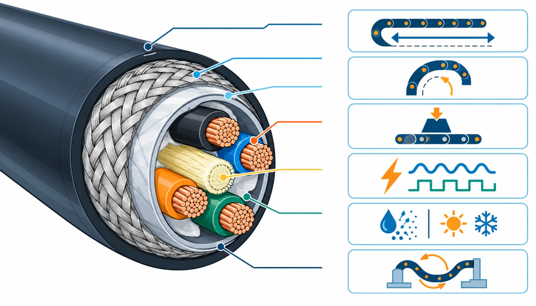 Flat infographic of a drag chain cross-section showing layered cable construction with stranded conductors, shield, center element and jacket beside a six-row selection checklist