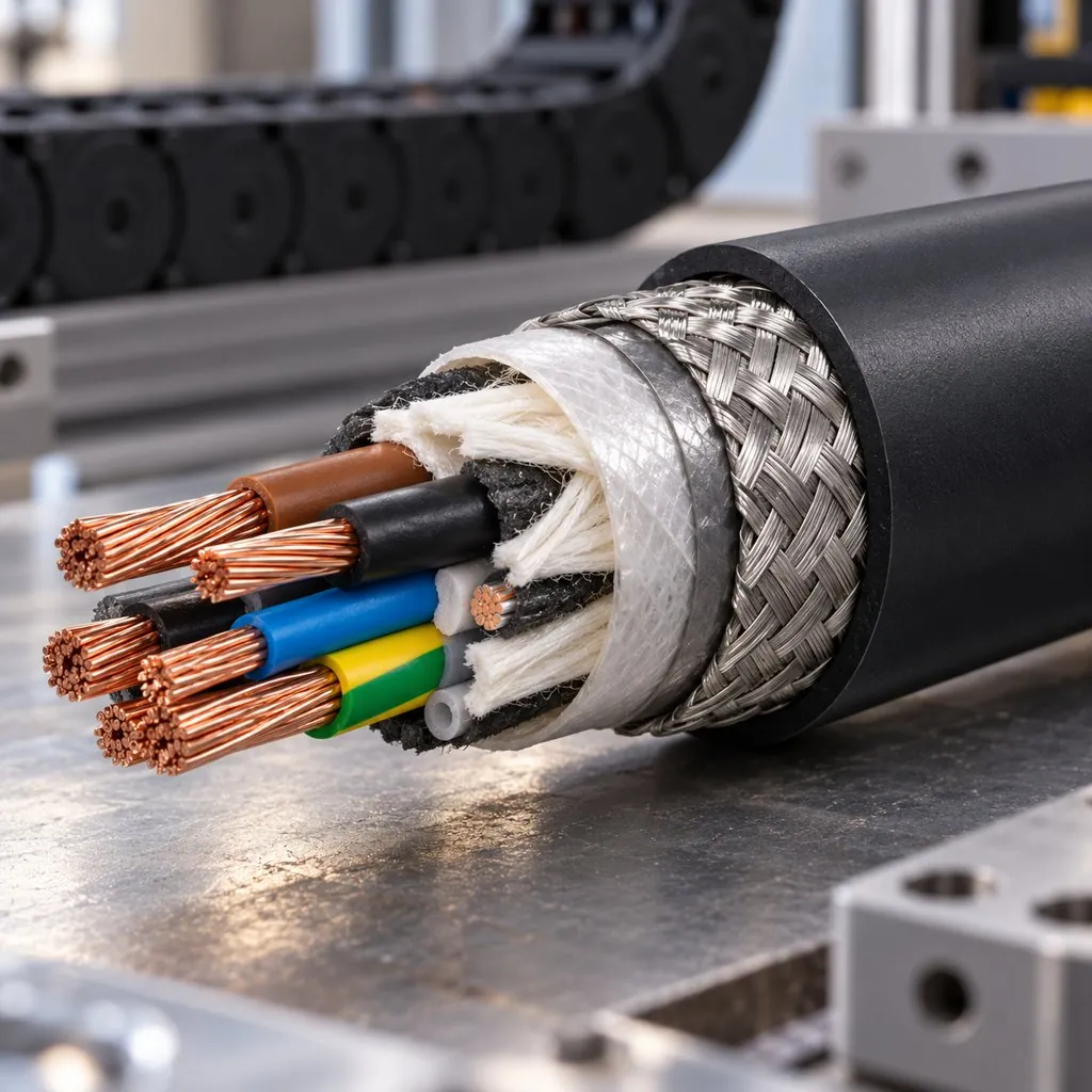 A drag chain cable cut open layer by layer on a workbench showing conductors, insulation, shield and jacket from copper outward