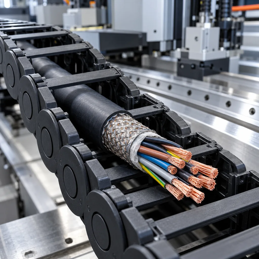 A cut-open drag chain cable showing fine stranded copper conductors and braided shield resting inside a plastic energy chain on a machine bed