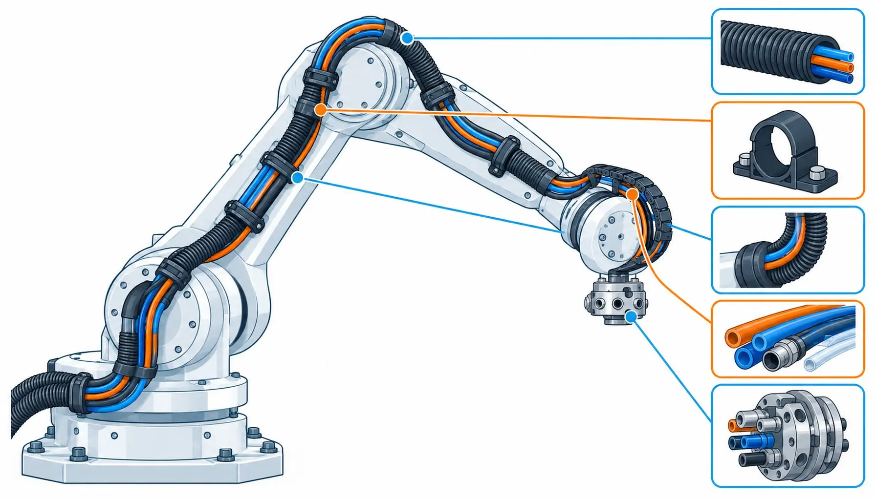 Flat infographic of a robot arm outline with corrugated conduit and clips routing cable bundles along joints to the wrist, with part icons beside it