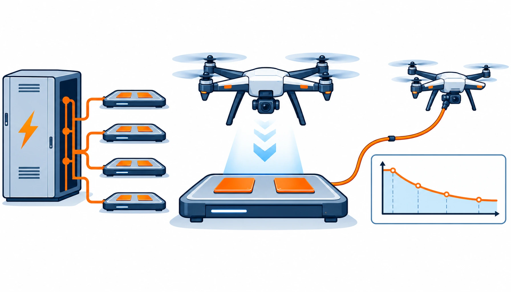 Flat infographic of a drone charging pad: a drone descending onto contact plates, a charging cabinet with a feeder drawn to four bays and a diversity factor symbol, and a tethered supply cable with a voltage drop curve along its length
