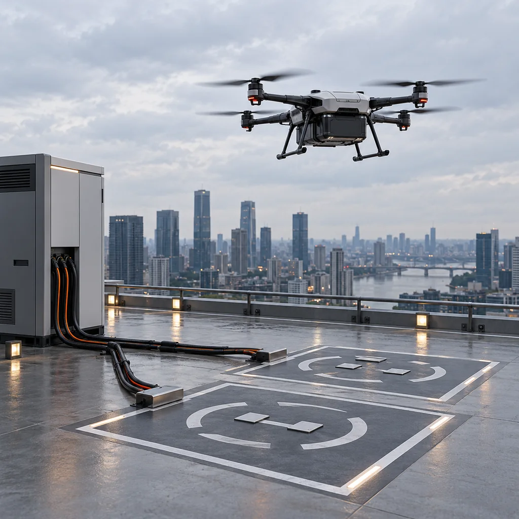Photorealistic scene: a rooftop drone landing pad with two landing marks and a charging cabinet at the edge, high current cables running from the cabinet to contact plates on the pad, a drone hovering above, city skyline beyond, overcast daylight, no readable text, no labels