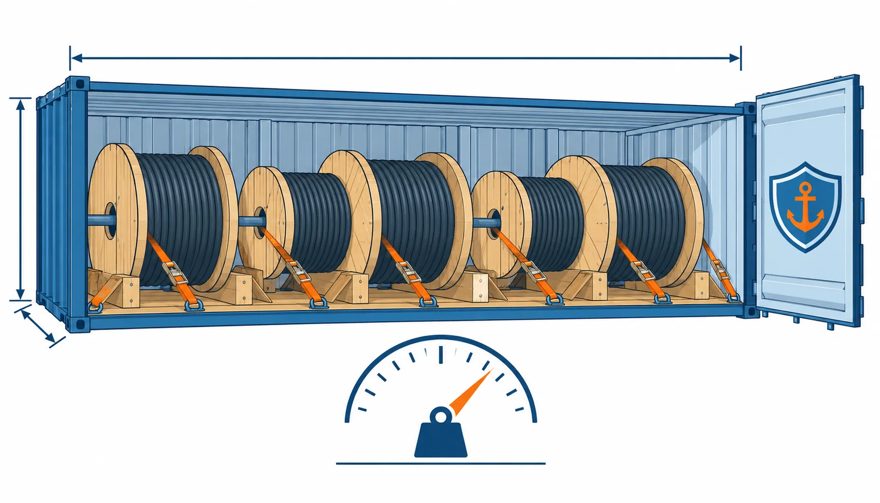 Flat infographic of cable drums chocked and lashed inside a container with weight and insurance shield icons