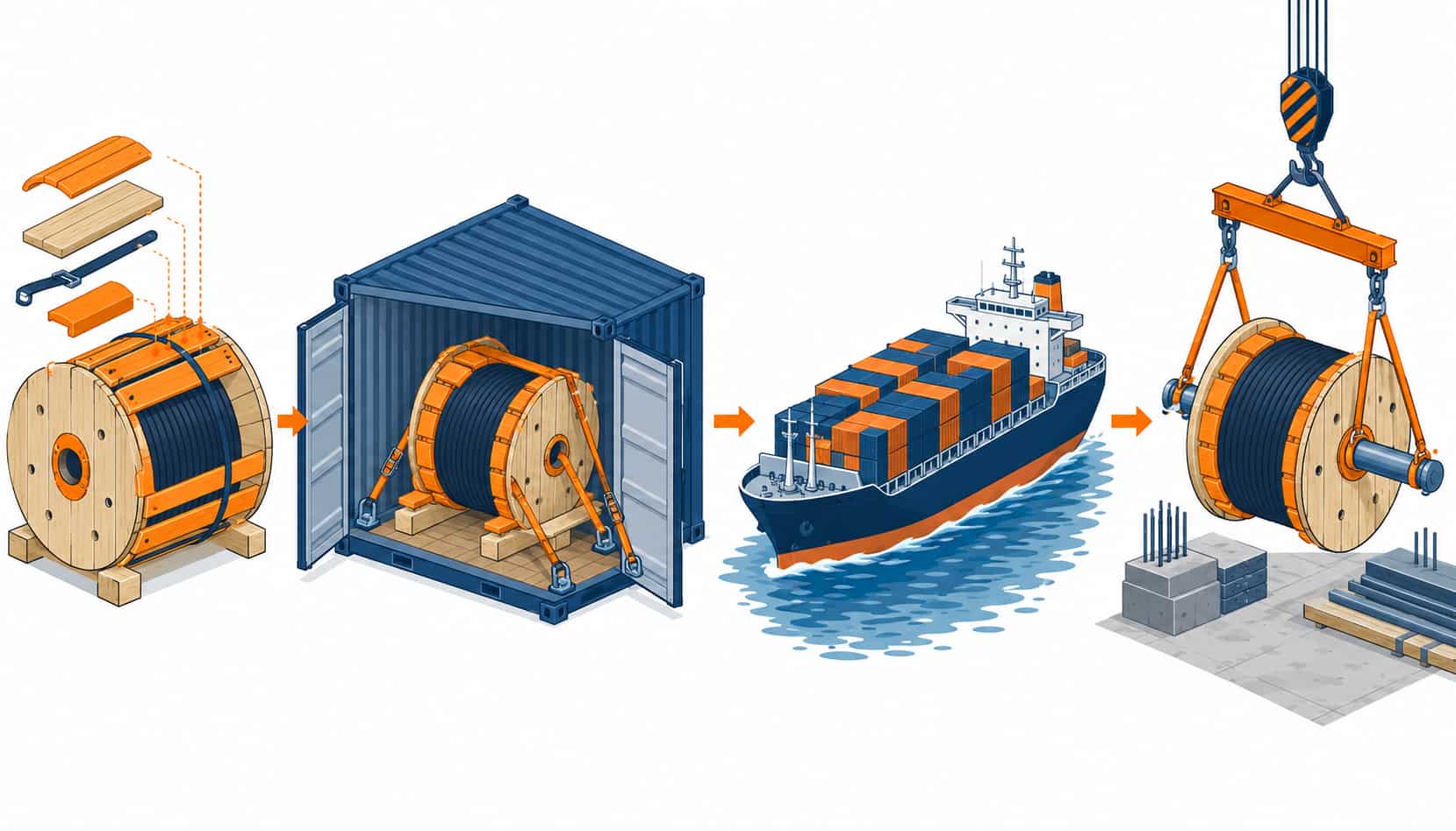Isometric illustration of a cable drum from factory loading through ocean transit to site unloading with protection layers