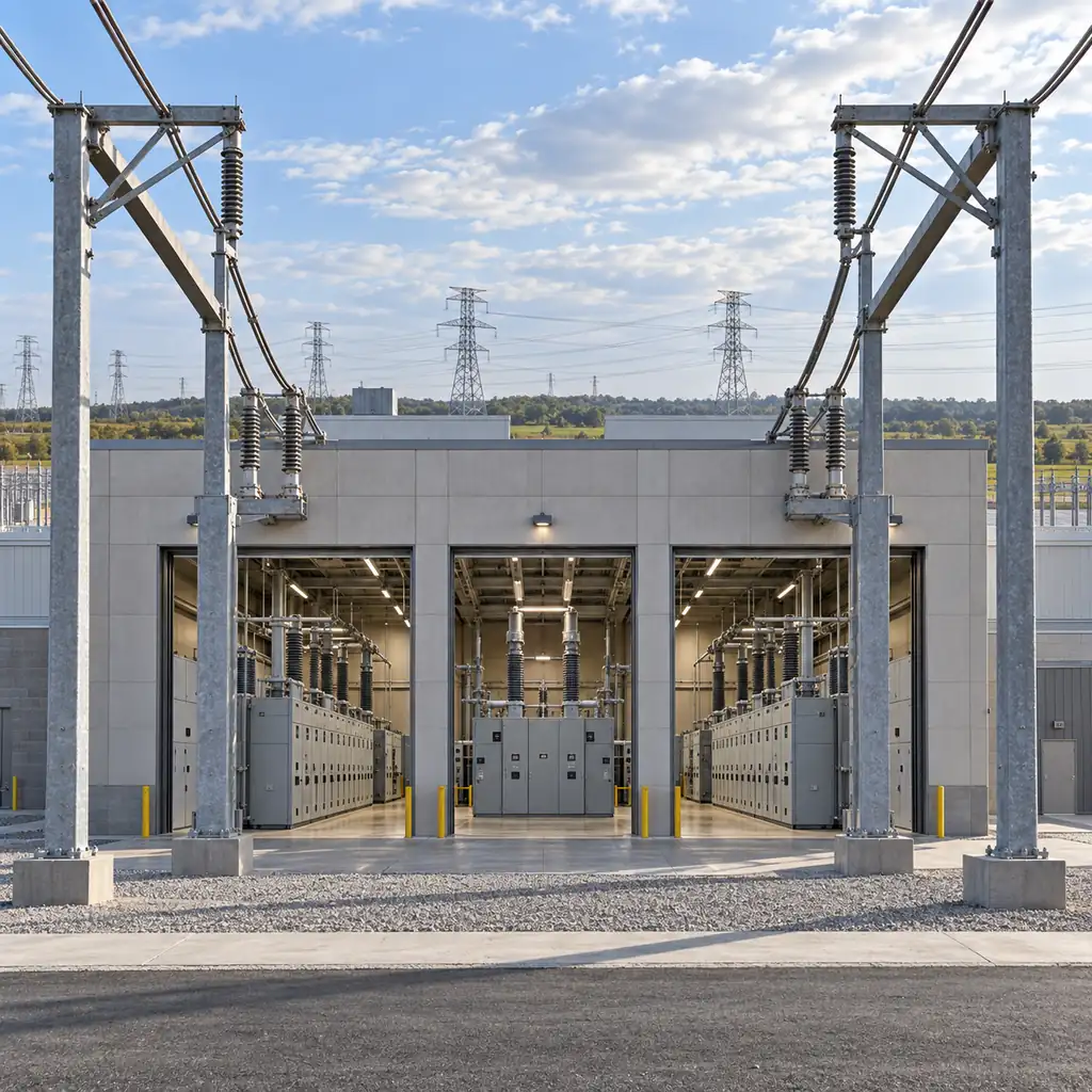 Two incoming supply gantries entering a data center substation building with separate switchgear lineups and a bus coupler bay between them, overhead lines on the horizon, industrial daylight lighting, no readable text, no labels