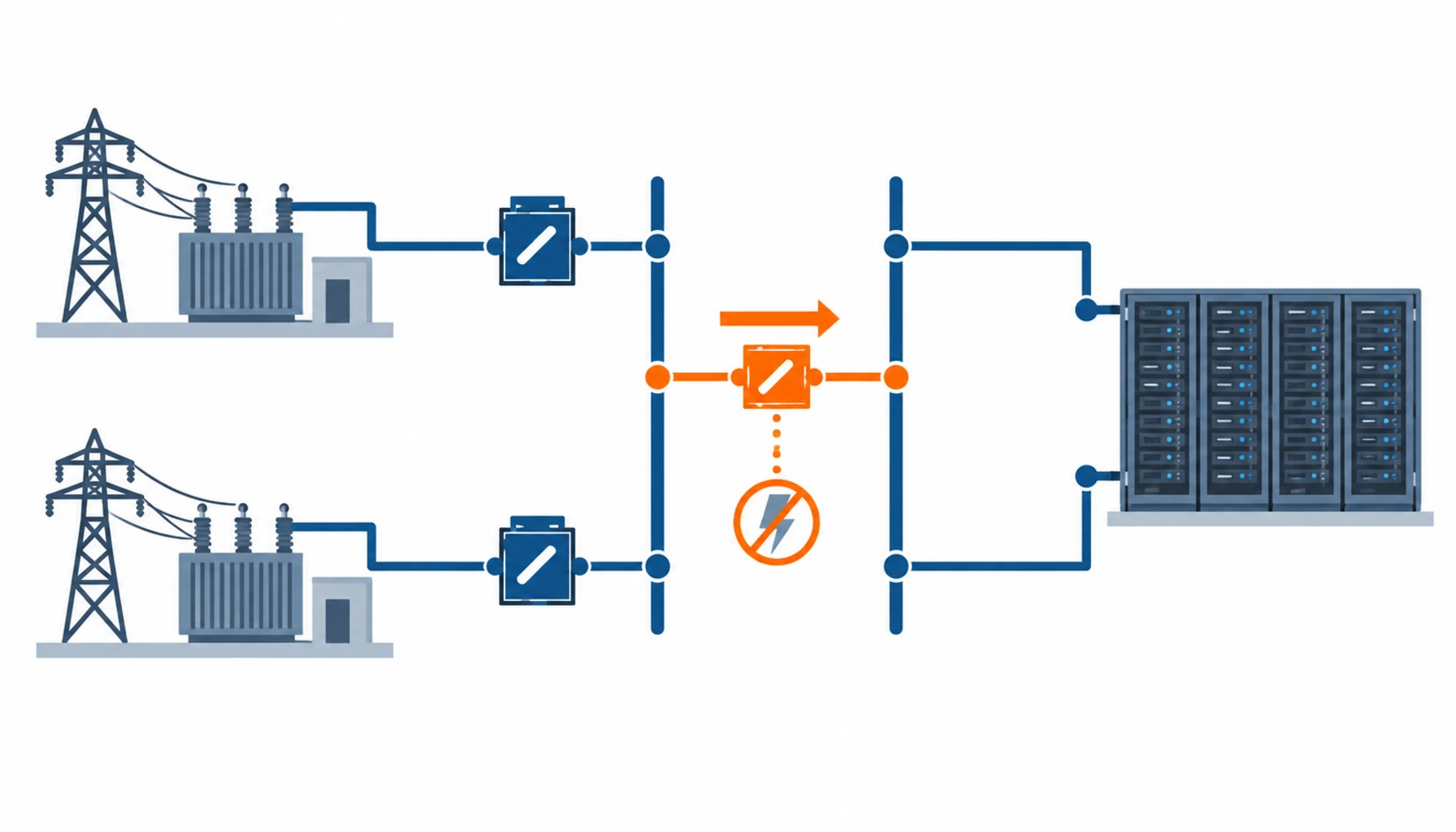 Flat infographic comparing four dual incoming supply architectures for a data center: a single busbar with a bus coupler and automatic transfer, duplicate busbars, a ring main arrangement and a mechanical transfer switch