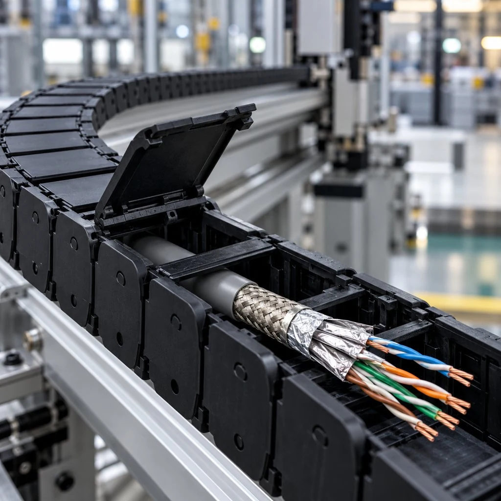 A shielded instrumentation cable with fine twisted pairs routed through a cable carrier on a moving production machine