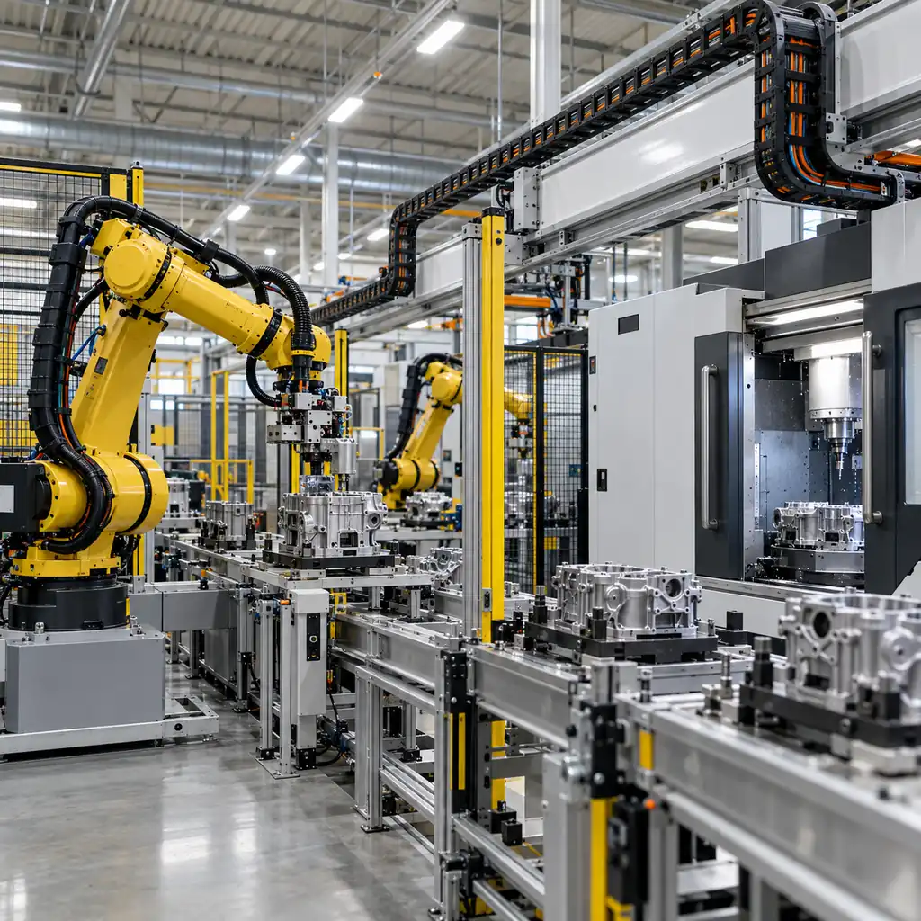 An automotive component plant with robot cells feeding a machining line, flexible cable routed in carriers along the production flow