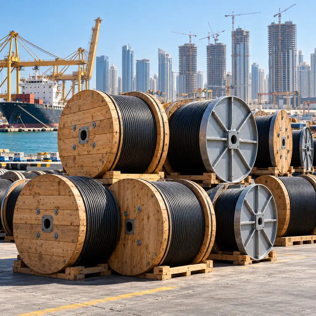 Cable drums at a Gulf port terminal with high-rise construction cranes on the skyline behind