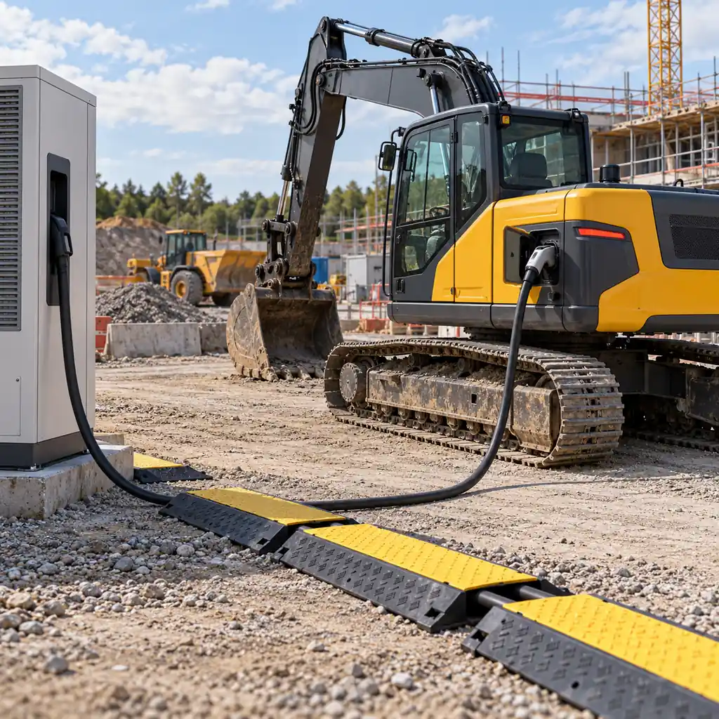 An electric excavator connected to a charging cabinet on a site by a heavy flexible charging cable, cable ramps on the route, battery packs and site plant in the background, daylight, no readable text, no labels