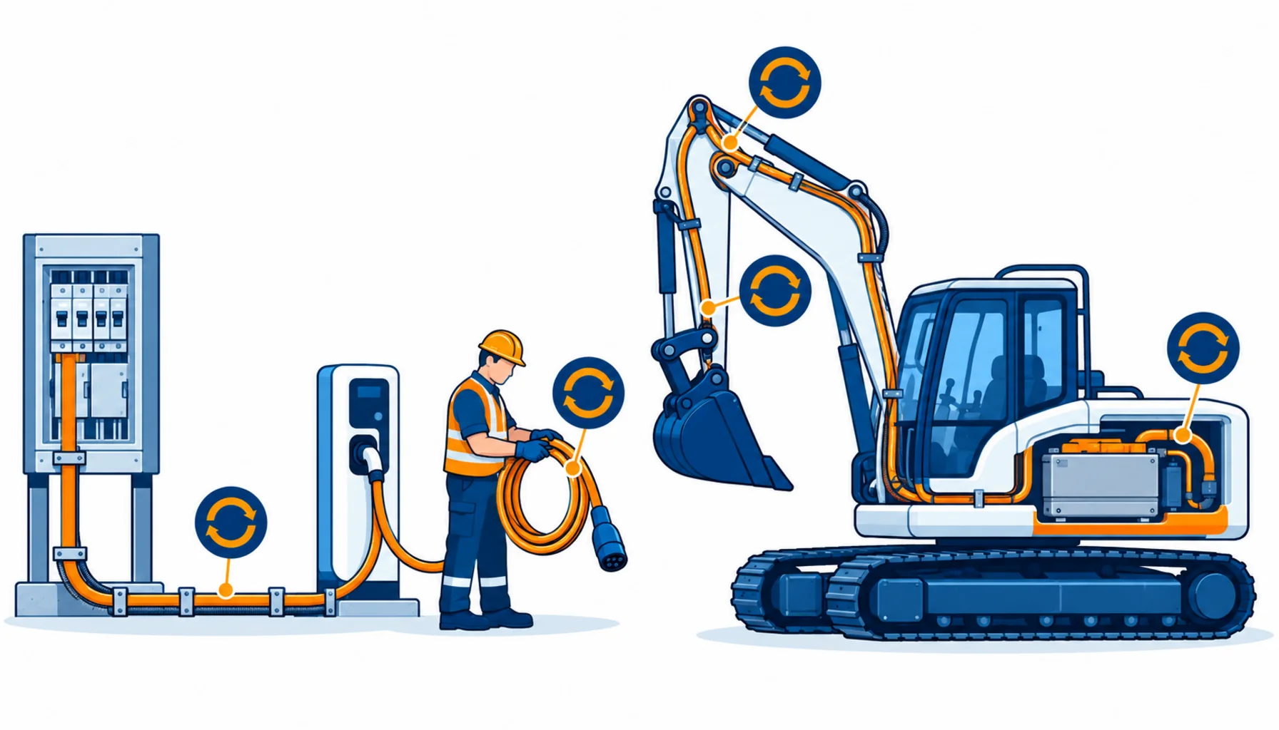 Flat infographic of an electric plant cable duty map: a charging cabinet fed by an armoured infrastructure feeder, a handling-duty charging lead to an excavator, high-flex circuits on the machine, and DC battery runs, each with a flex cycle marker