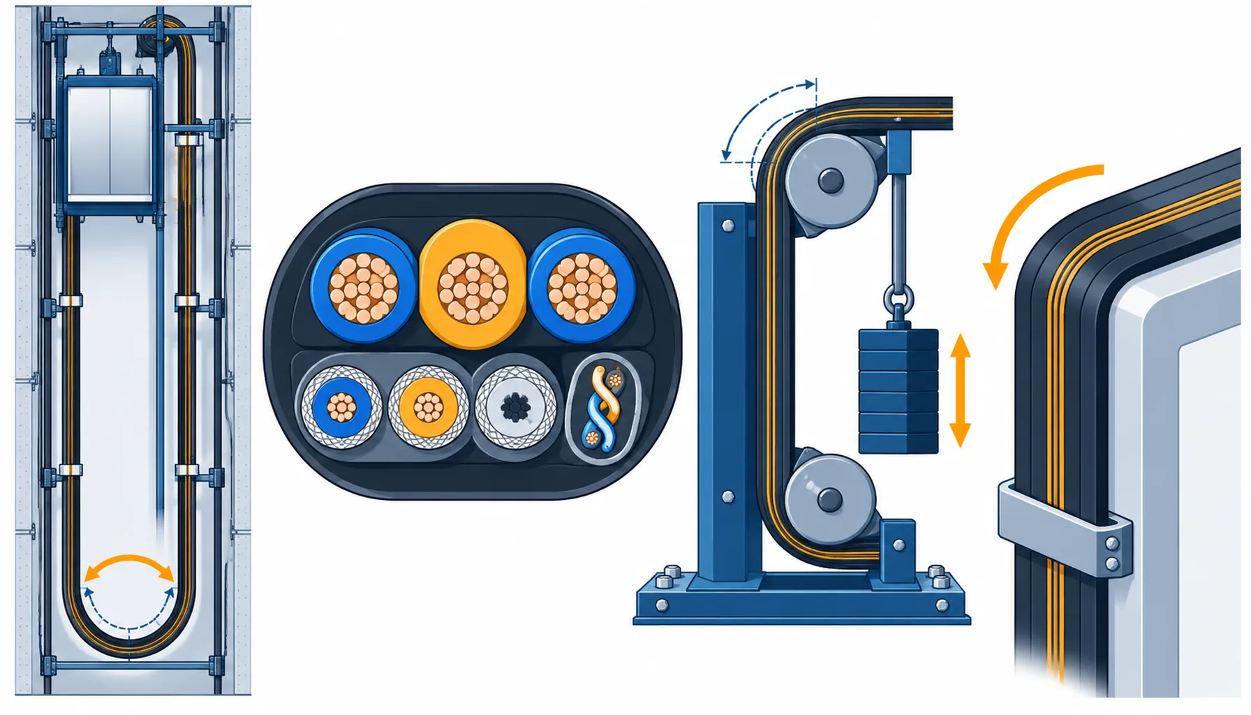 Flat infographic of an elevator traveling cable: a hanging loop from the car to the shaft wall with the tightest bend point marked, a composite cross section beside it, and a bend cycle test diagram with a radius and load applied