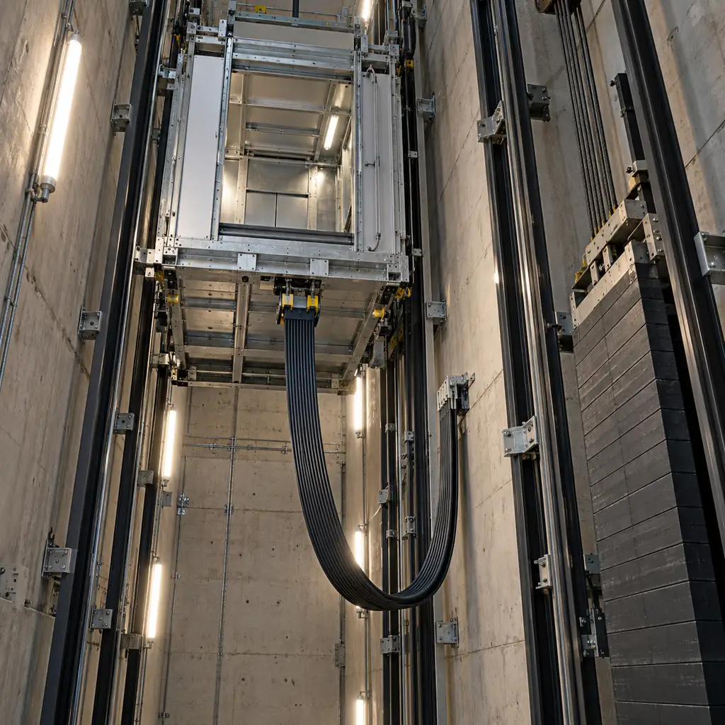A lift car under construction in a shaft with a flat composite traveling cable hanging in a loop from the car to the shaft wall, guide rails and a counterweight visible, shaft lighting, no readable text, no labels