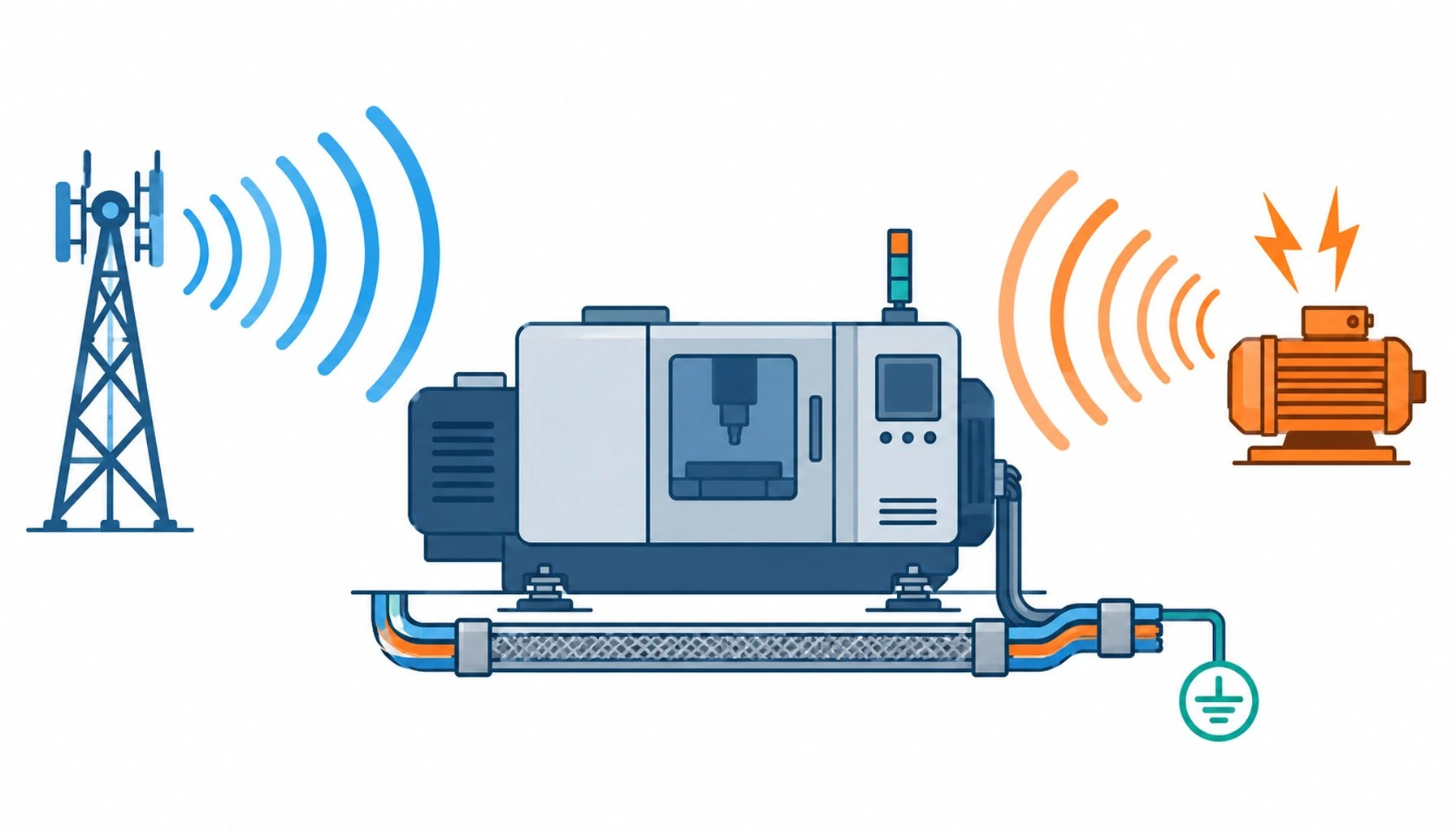 Flat infographic of a machine silhouette radiating waves on one side and receiving waves on the other, with a shielded cable bundle between