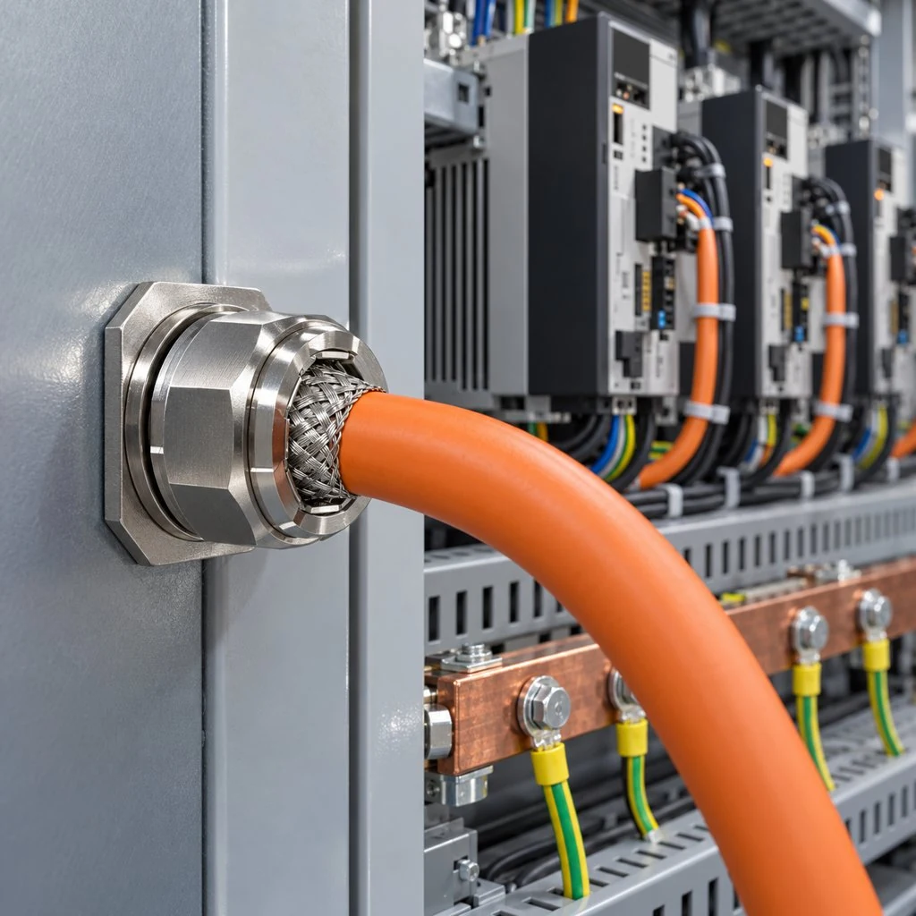 A shielded motion cable with its braided shield exposed at a gland termination beside servo drives in an electrical cabinet