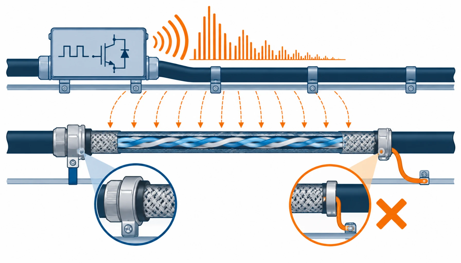 Flat infographic comparing four EMI mitigation measures for a high density data hall: shielded cable, screen termination method, route separation and geometry, and filtering with reference bonding