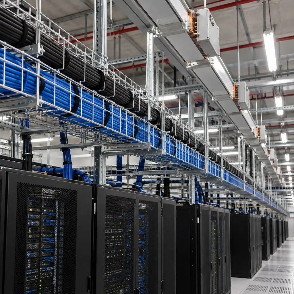 A high density data hall with dense cable tray runs carrying power and data cables on separate tiers, shielded cable baskets and a power distribution busway overhead, rows of racks in the background, clean industrial lighting, no readable text, no labels