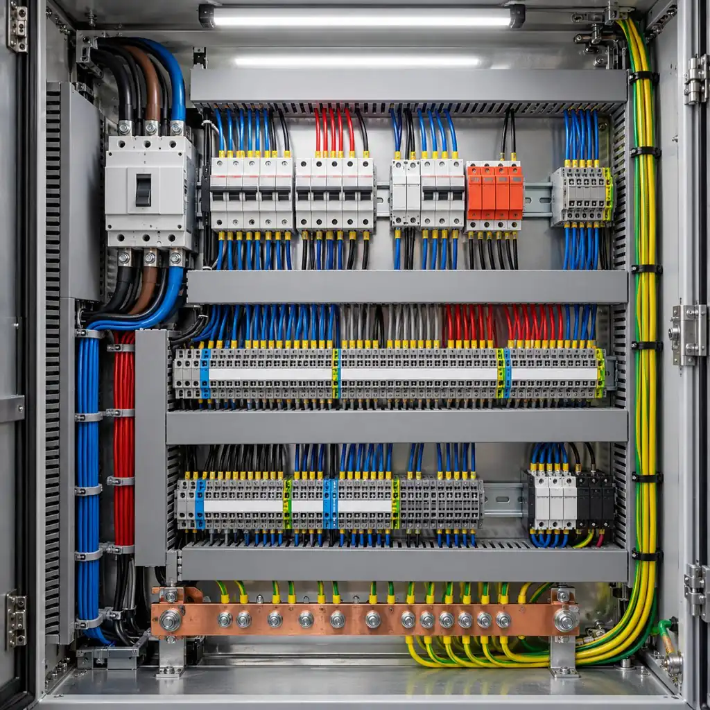 An open electrical cabinet of an industrial machine with neatly wired conductors, ducts and terminal rails in view