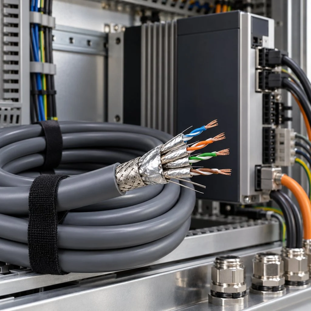 A servo motor encoder cable stripped to show twisted shielded pairs beside a servo drive in an electrical cabinet