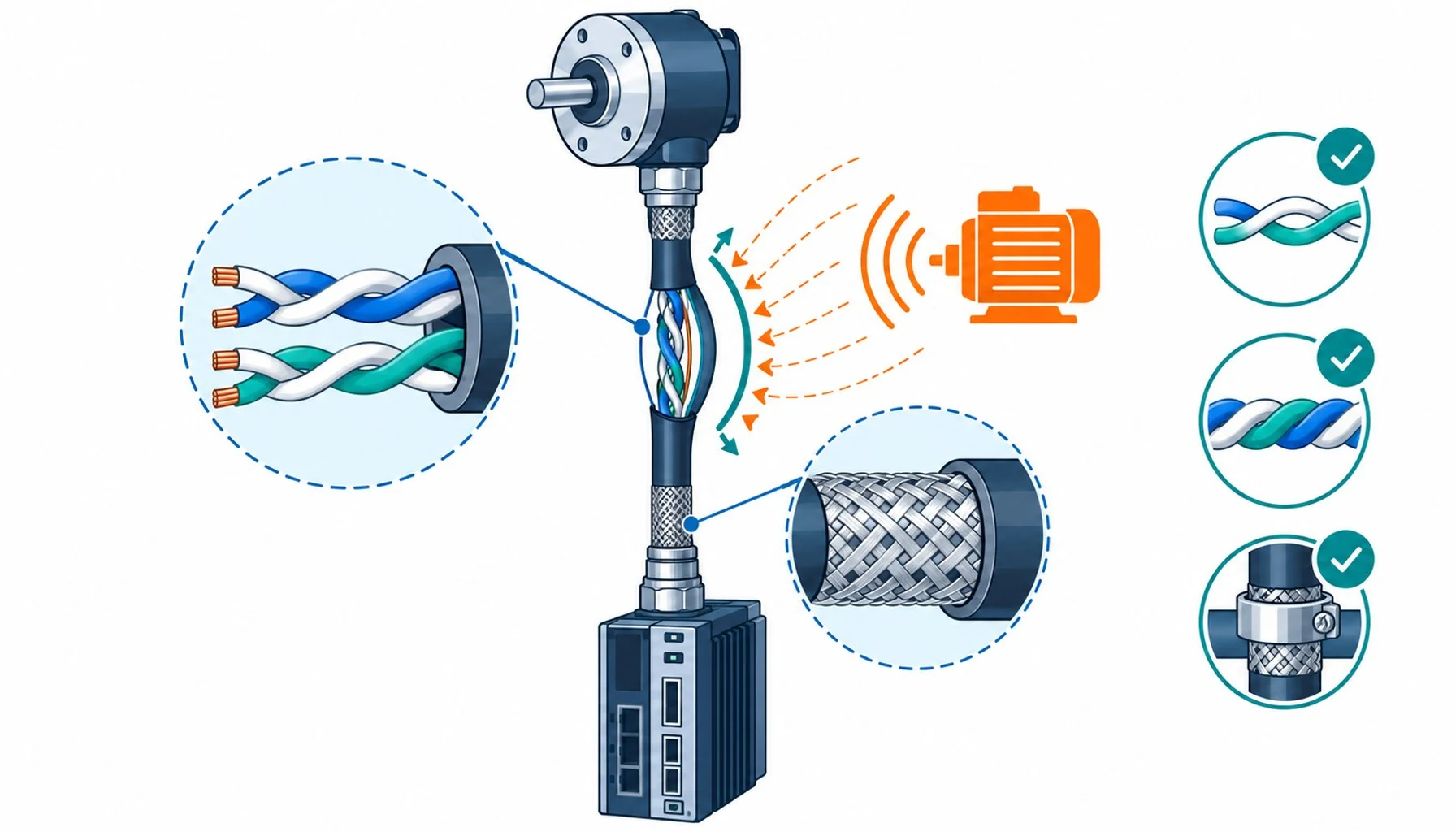 Flat infographic of an encoder signal path from sensor to drive with pair symmetry and shield icons and a noise interference marker