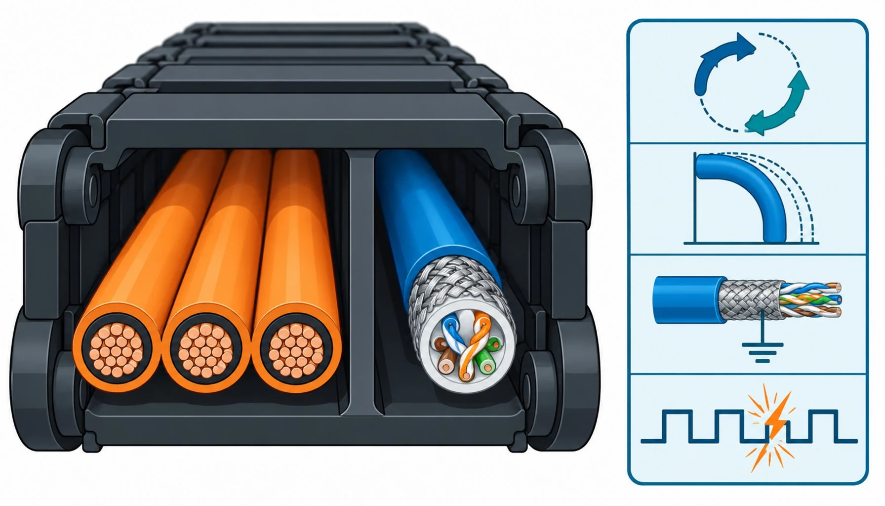 Flat infographic of a cable chain cross-section with separated power and data compartments beside a protocol timing icon panel