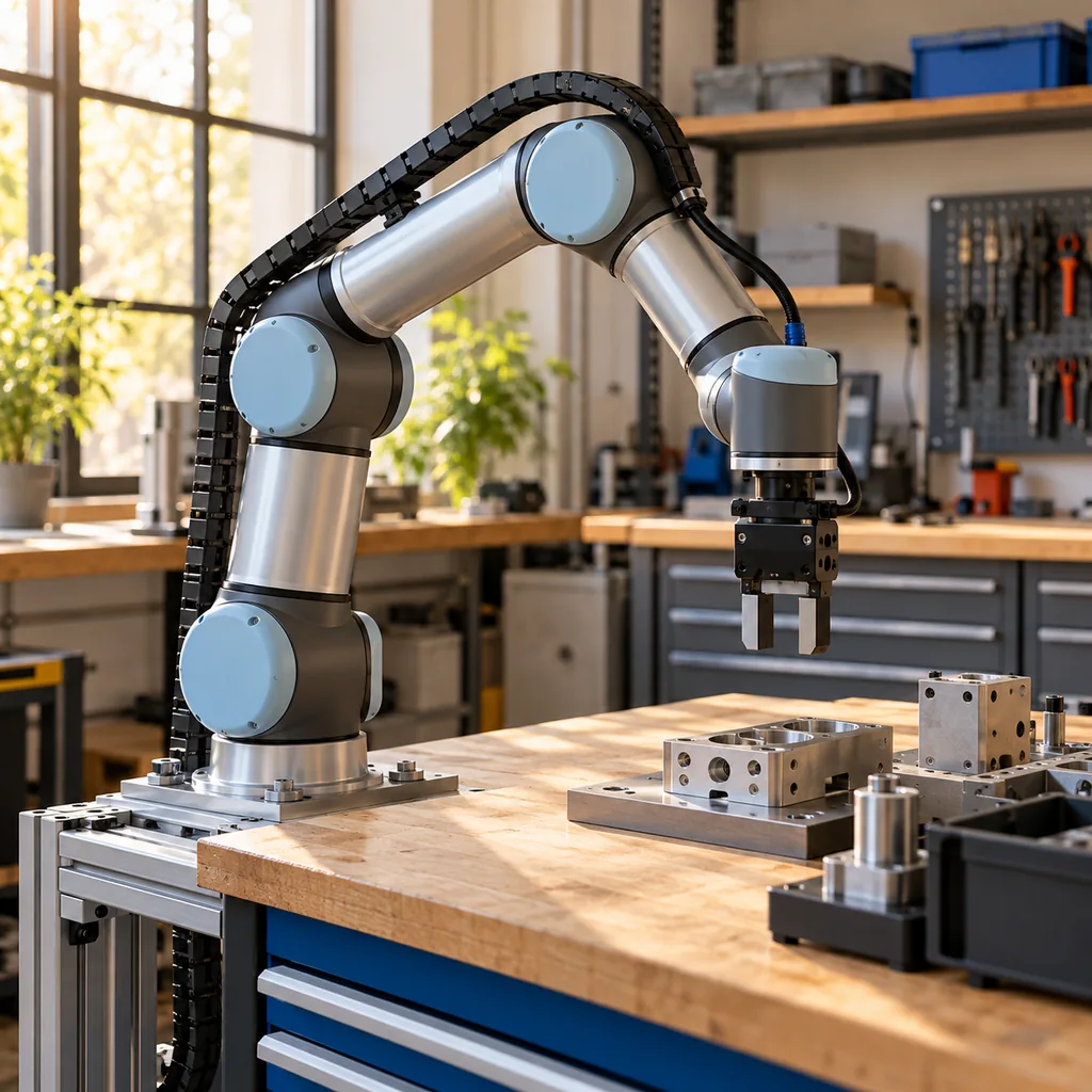 A small European workshop where a compact collaborative robot works beside a machinist at a bench, its cable routed through a slim carrier