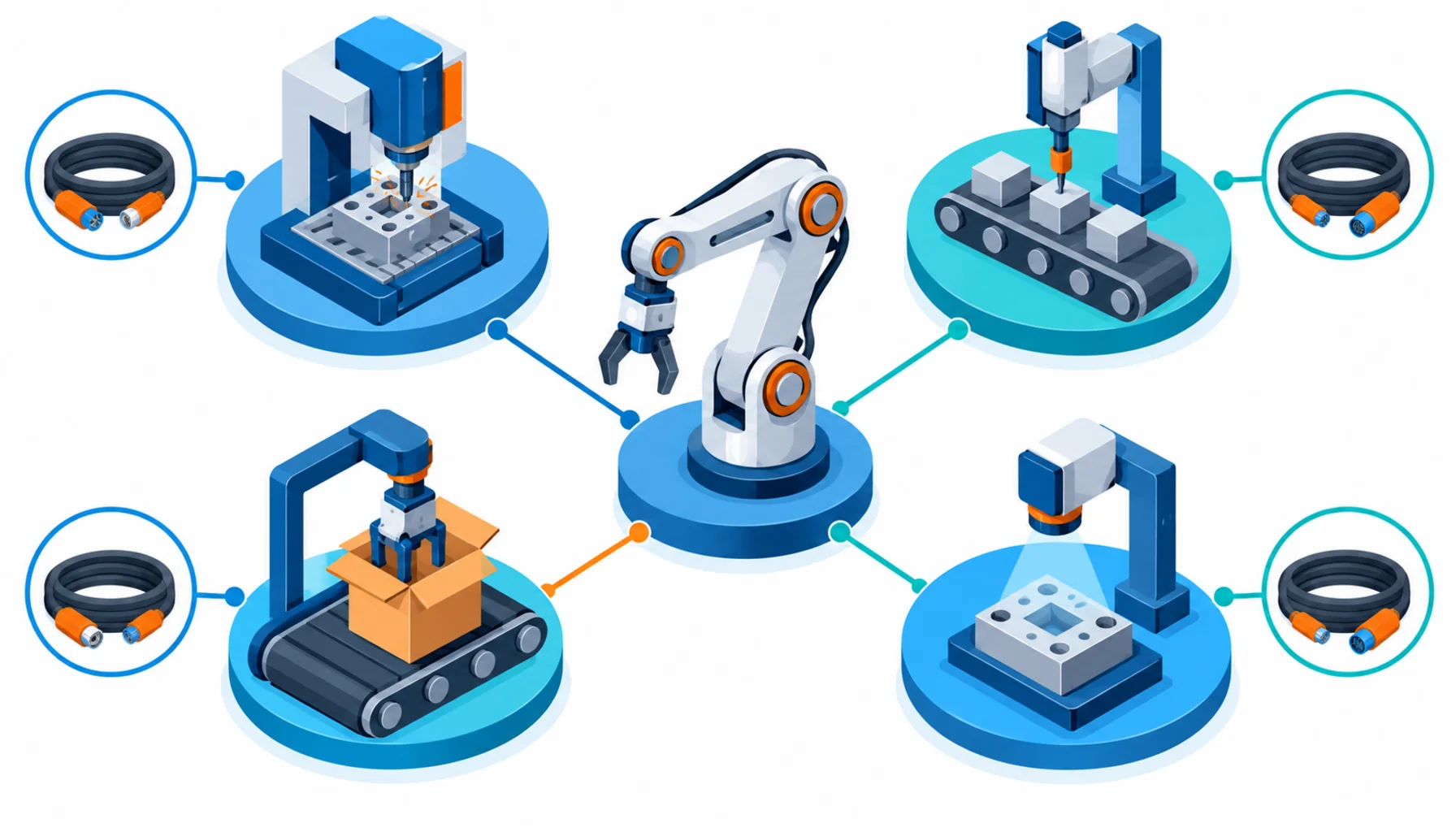 Flat infographic of collaborative robot applications around a compact arm icon, each linked to a cable coil icon