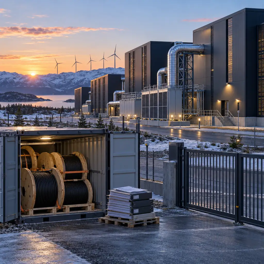 Northern European data center campus with wind turbines and EU regulatory documents concept in the sky