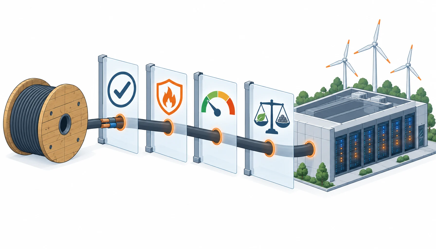 Isometric illustration of a cable drum passing through four regulatory layers before reaching a European data hall
