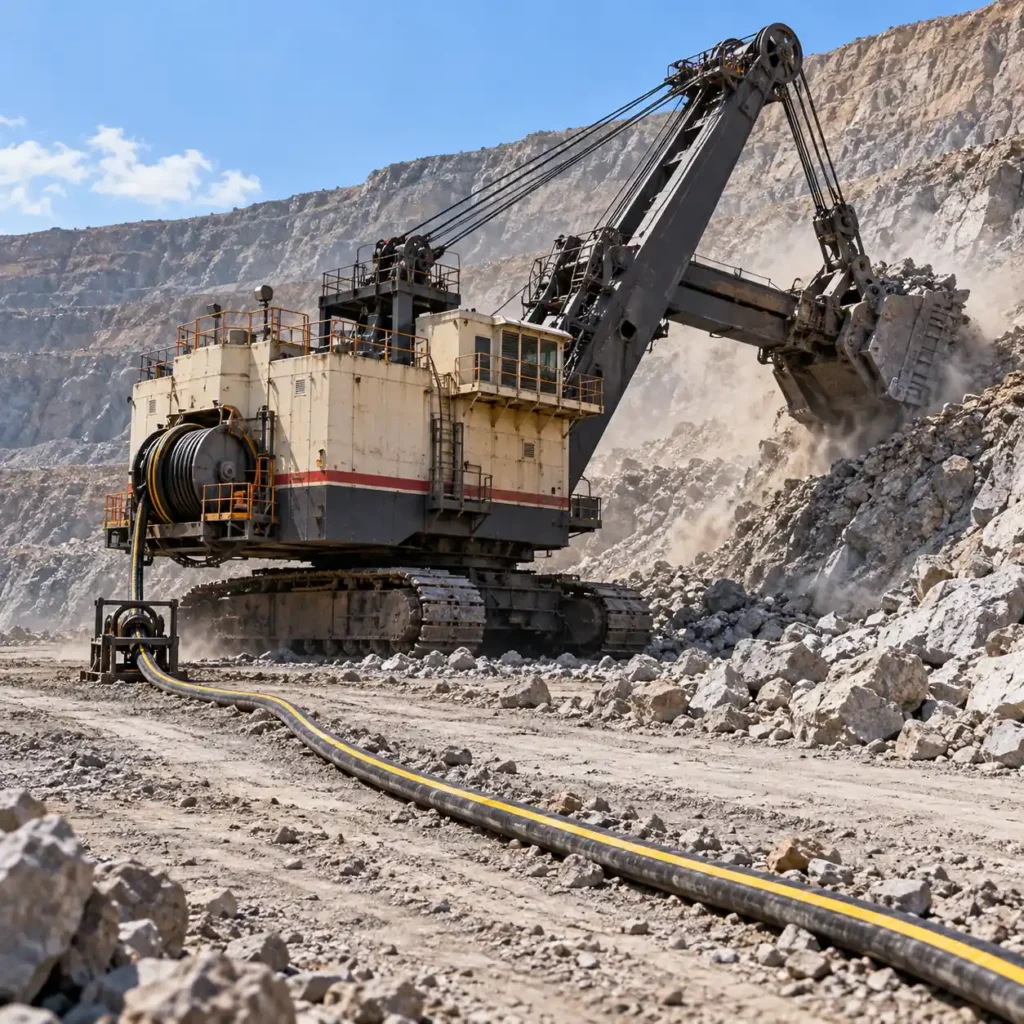 A large electric mining shovel working a bench with a trailing cable running back along the ground and a cable handler loop near the machine, dust and rock in the background, hard daylight, no readable text, no labels