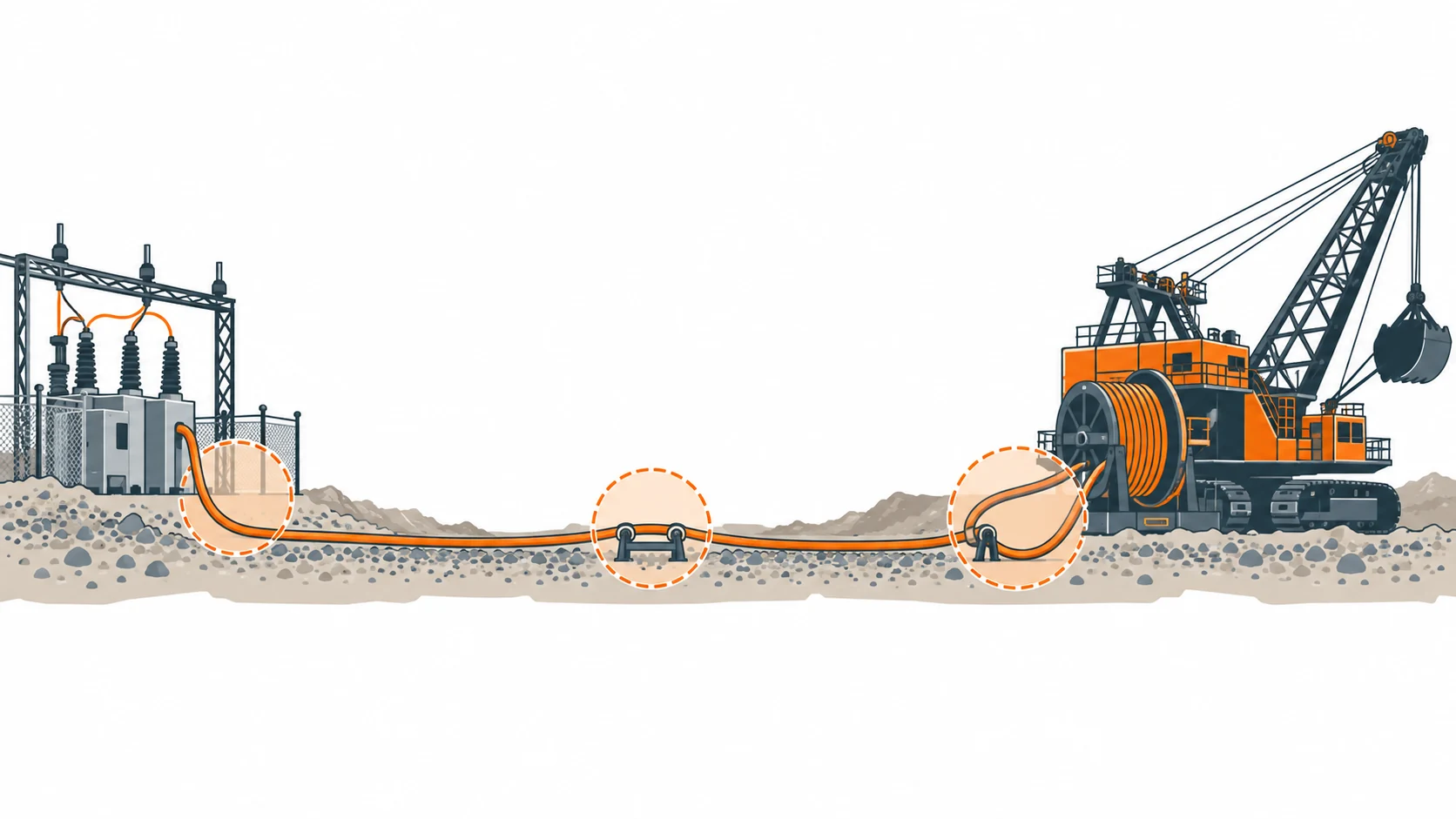 Flat infographic of a shovel cable system: a pit run cable leading from a substation to a machine reel, a cable handler loop drawn close to the machine, and the three tightest bend points marked at the reel entry, the handler and the machine junction