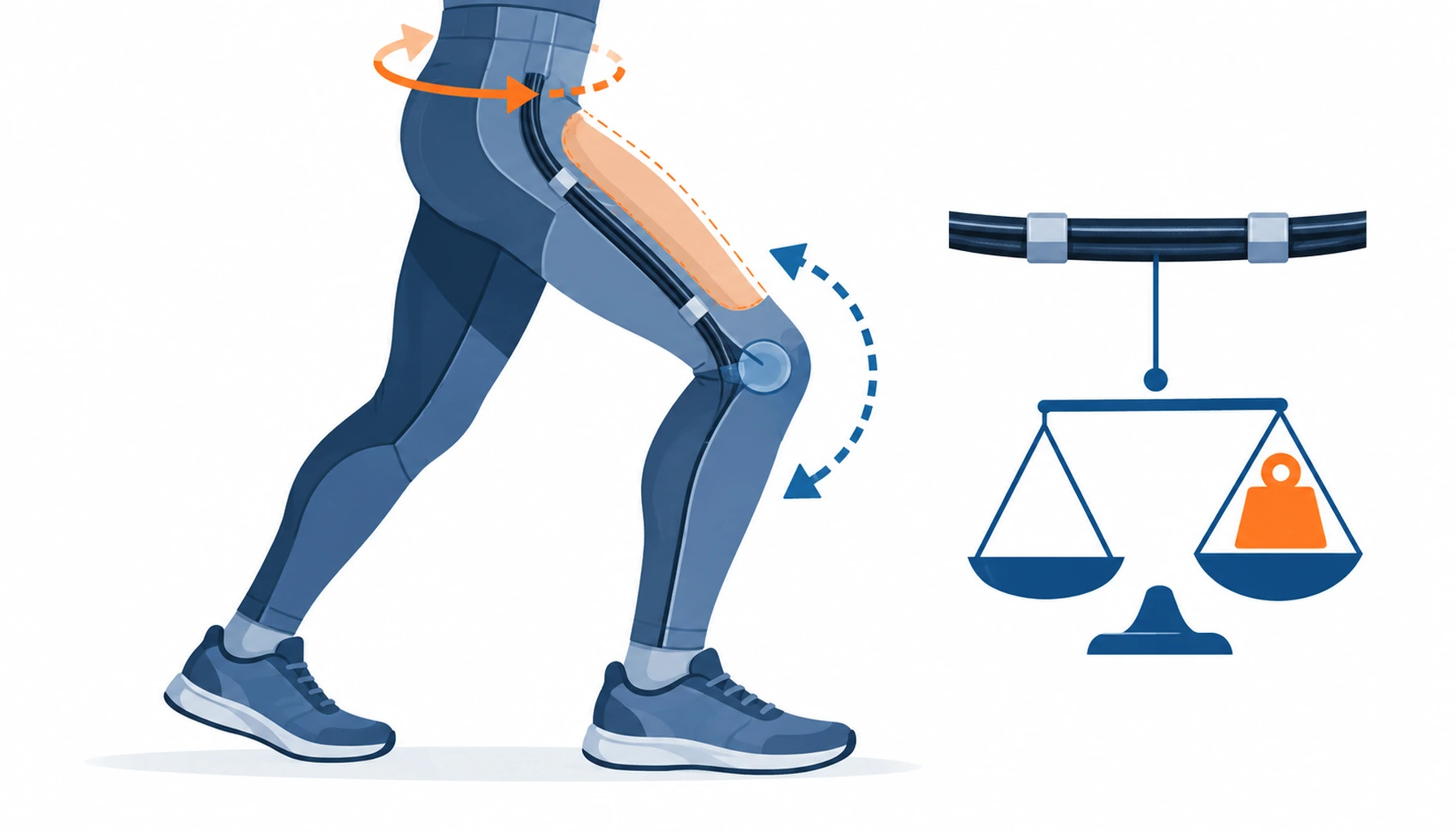 Flat infographic of the mechanical loads on a wearable cable: a bend arc at the knee, a twist arc at the hip, a skin contact band along the thigh and a weight per metre icon on a small scale