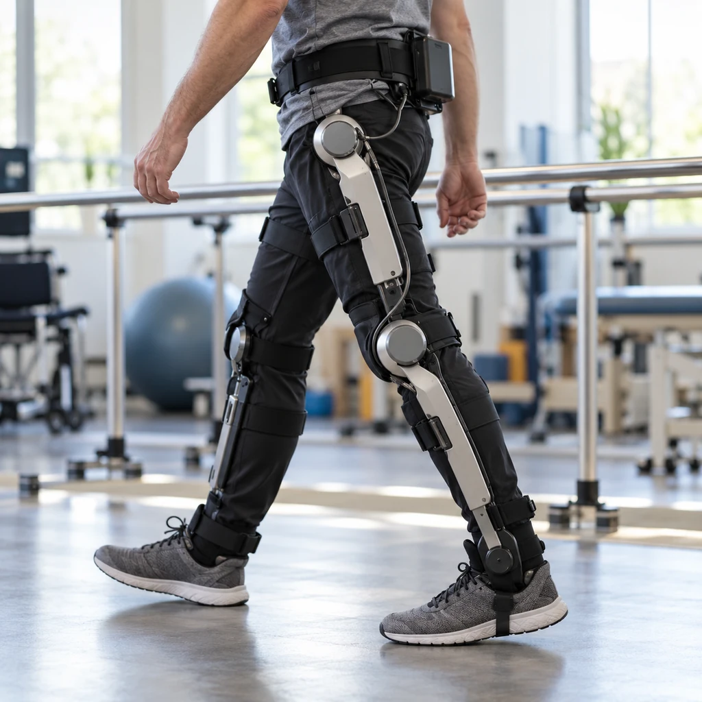 Photorealistic scene: a lower-limb exoskeleton worn by a person walking in a rehabilitation gym, a slim cable run visible along the thigh frame and across the hip joint into a battery pack on the belt, blurred parallel bars behind, soft daylight, no readable text, no labels
