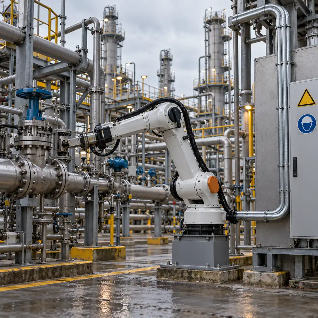 Photorealistic scene: a robot arm working inside a petrochemical process area, its harness running inside a steel conduit to a certified enclosure, pipework and valve stations around it, safety signage shapes with no readable lettering, overcast industrial daylight, no labels
