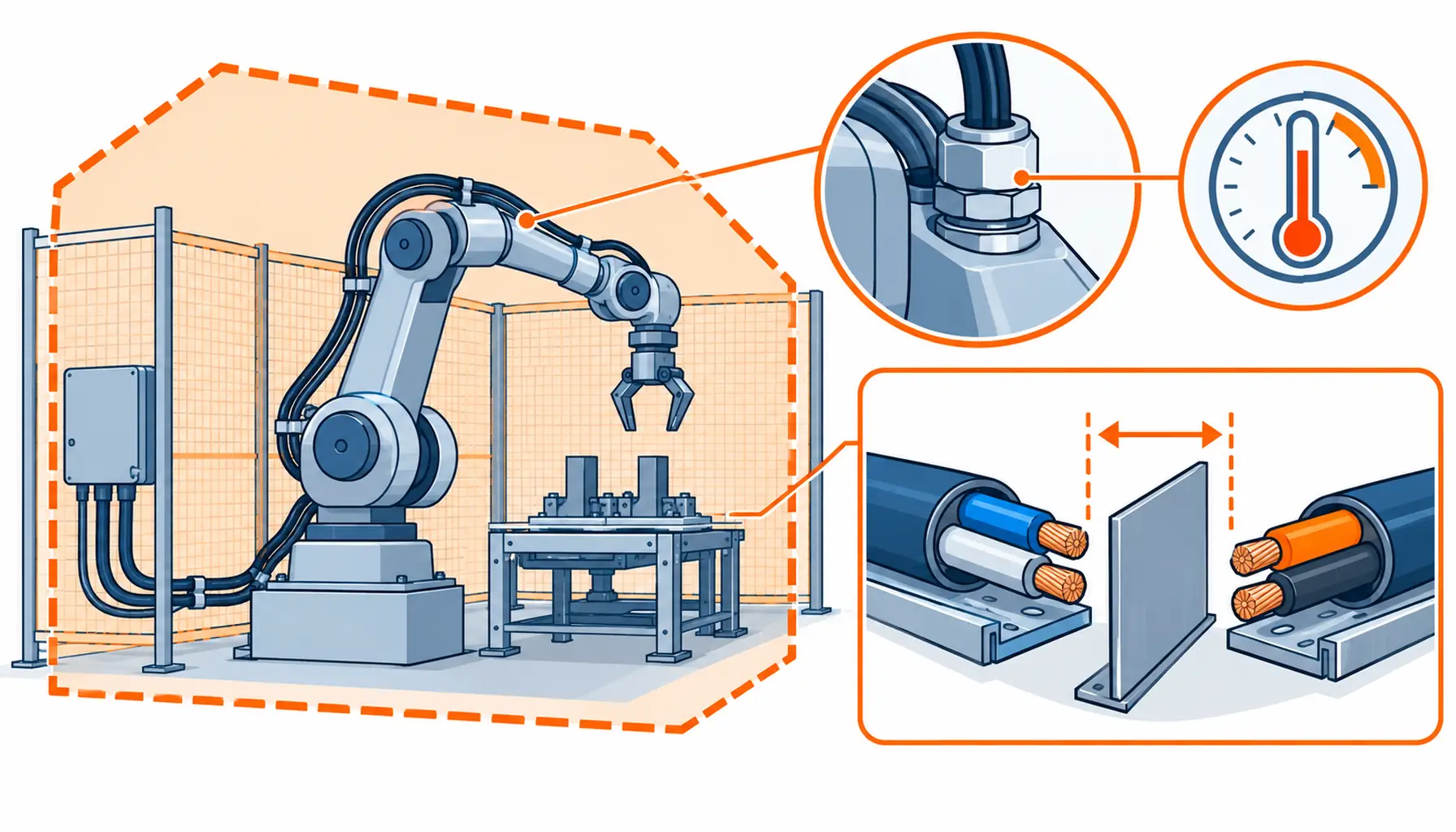 Flat infographic of the three figures a hazardous area assessment needs from a cable: a zone boundary drawn around a robot cell, a temperature class limit on a termination and an intrinsic safety separation between two circuits
