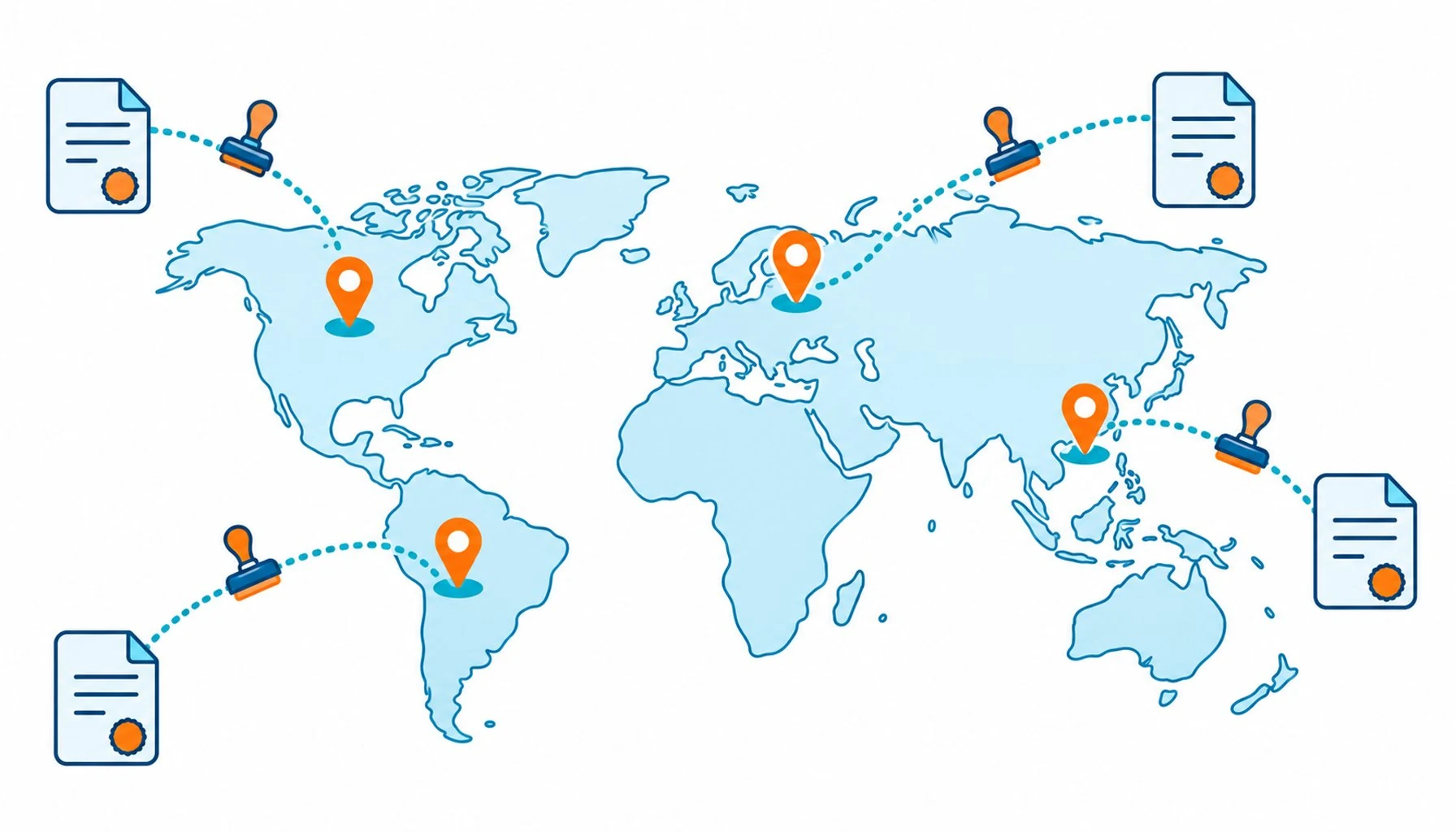 Flat infographic of an export certification map: a world map outline with destination markers, each linked to a document badge